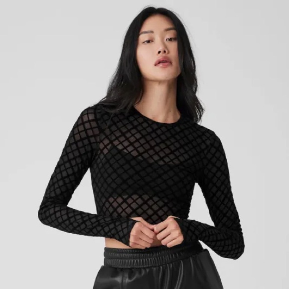 ALO Mesh Plaid Cropped Long Sleeve